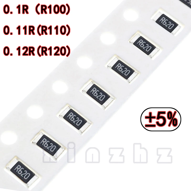 Alta precisão SMD 1206 Chip Resistor, resistência fixa, 0.1R, 0.11R, 0.12R, 0.1RΩ ohm, impressão R100, R110, R120, 5%, 50pcs