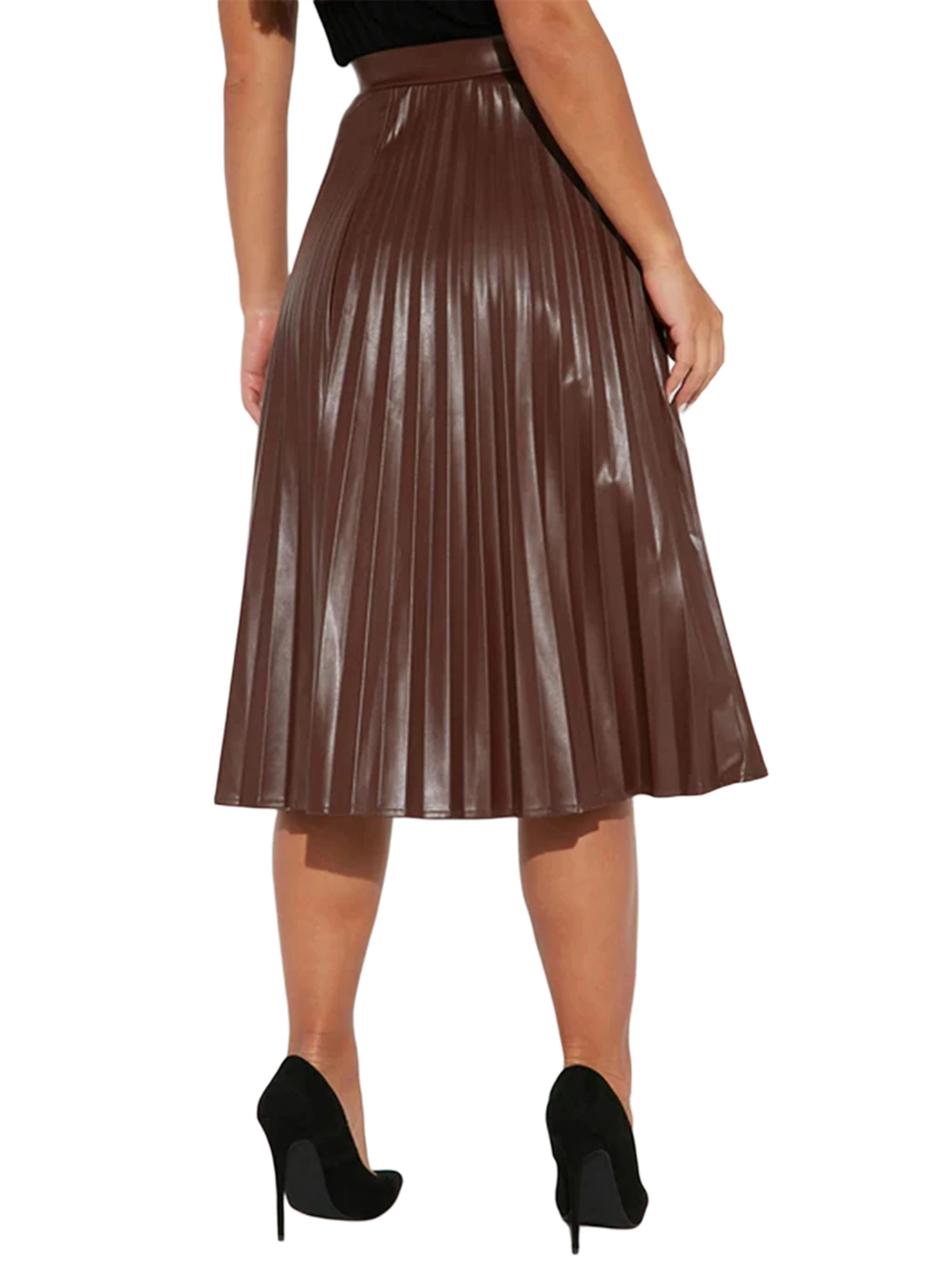 

Women s Elegant Faux Leather Midi Skirt Vintage High Waist Solid Color Zip Up Pleated Flare A Line Skirt