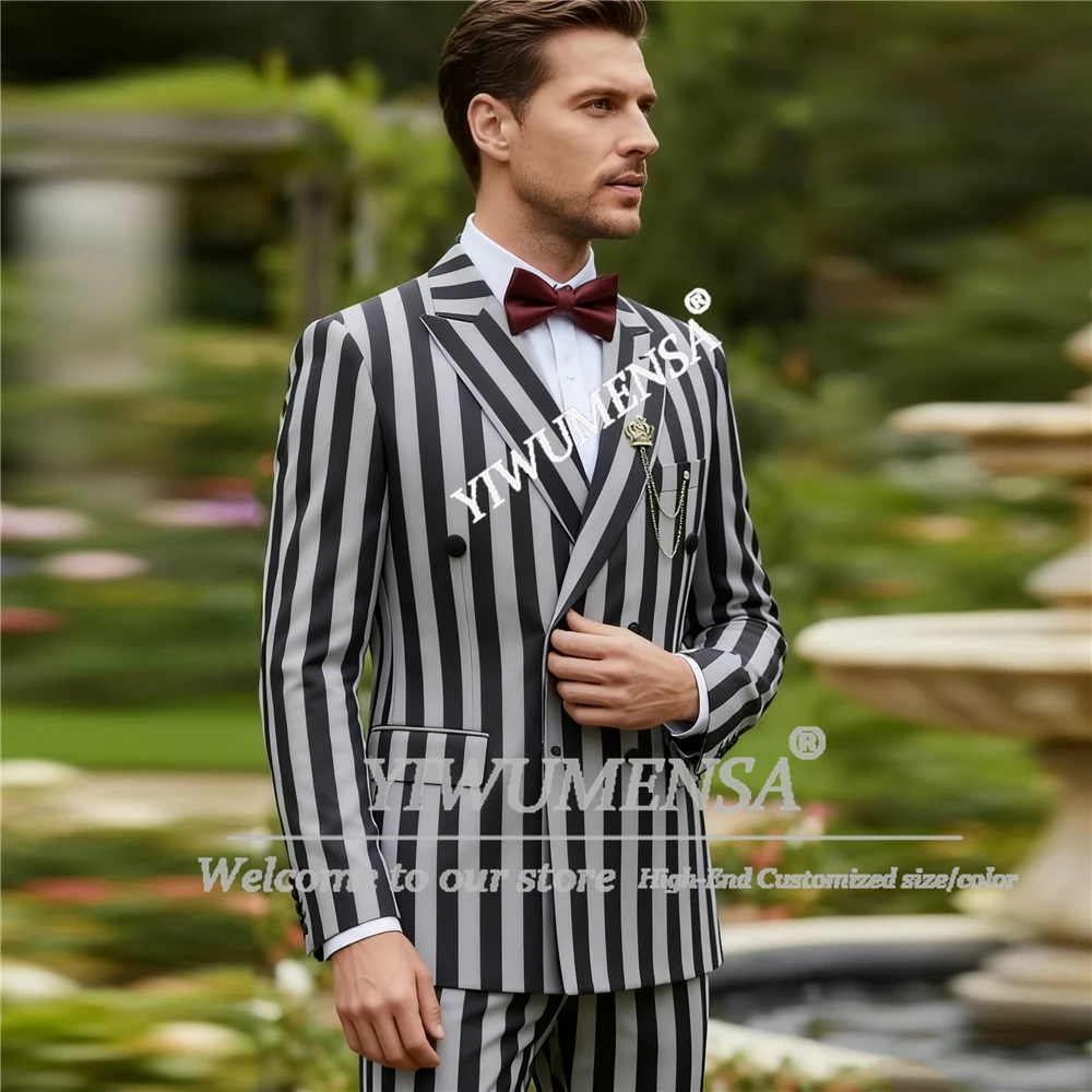 

Male Fashion Wide Striped Suit Men Double Breasted Jacket Pants 2 Pieces Sets Customized Groom Wedding Tuxedos Outfit Slim Fit