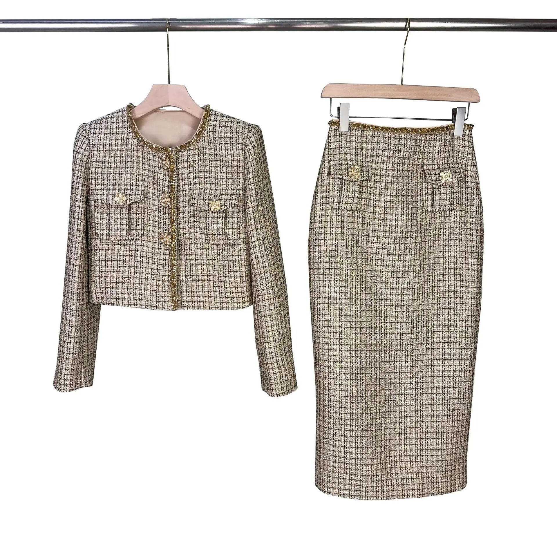 Autumn Winter Small Fragrant Style Gold Plaid Coarse Knitted Two Piece Set Women Suit Coat Tweed Jackets Midi Long Skirts Sets