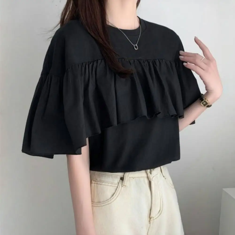 Women Irregular Design Shirt Stylish Women's Summer T-shirts Irregular Ruffled Splicing Tops Solid Color Stretchy for Casual