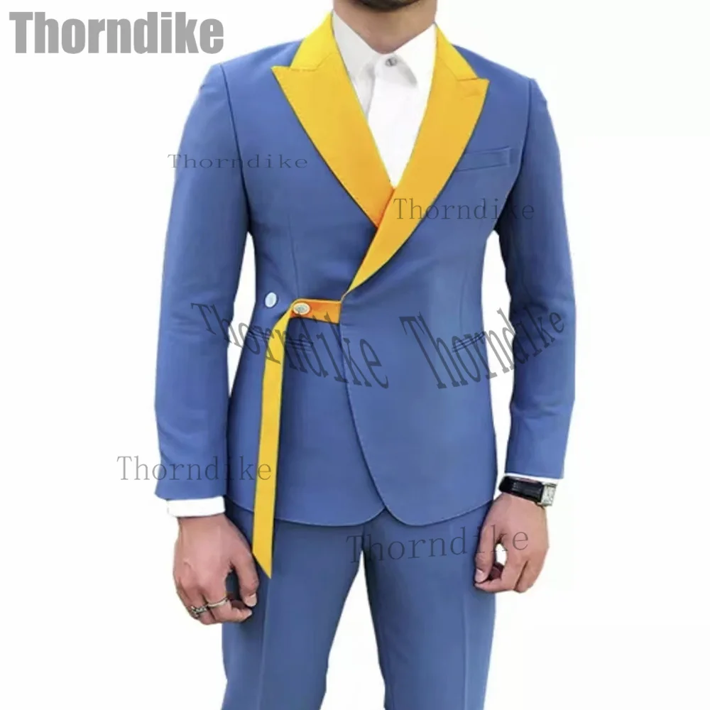 Thorndike Fashion Mens Suits Latest Design Groom Tuxedos Elbow Patches 2 Pieces Wedding Prom Suit Blazer Sets (Blazer+Pants)