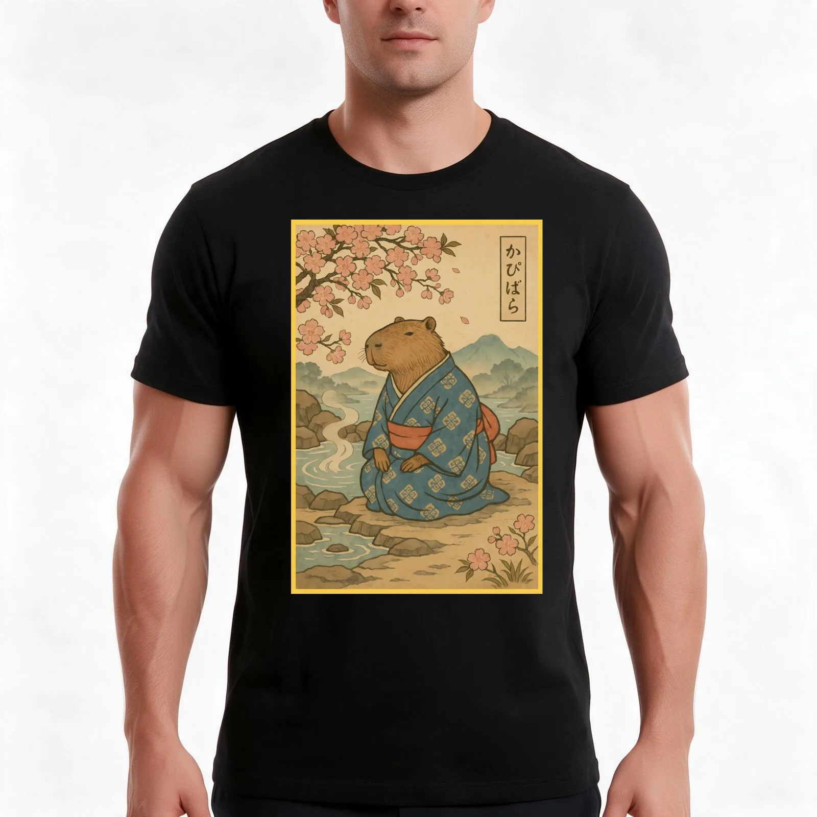 Capybara in a Kimono – Tranquil Ukiyo-e Hot Spring Art T-Shirt, Summer Casual Cotton Tee, Oversized Streetwear Tops, 100% Cotton