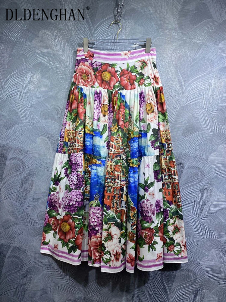 

DLDENGHAN Summer Cotton Skirt Women High Waist Scenery Flower Print Bohemian Long Skirt Fashion Designer New