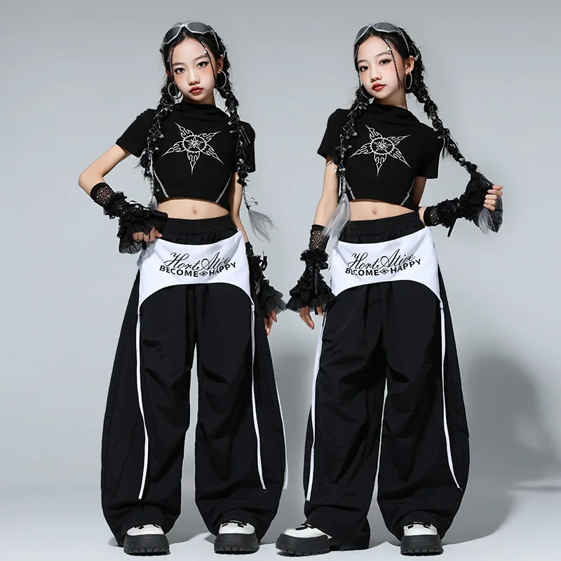 طفل Kpop الهيب هوب الملابس حزام أسود المحاصيل الأعلى تي شيرت رمادي عادية واسعة حزام المظلة السراويل لفتاة الجاز ملابس رقص الملابس