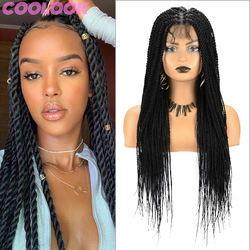 26 Inch Synthetic Braided Wigs Full Lace Black Goddess Knotless Square Part Braids Wig Senegalese Twists Braid Lace Frontal Wigs