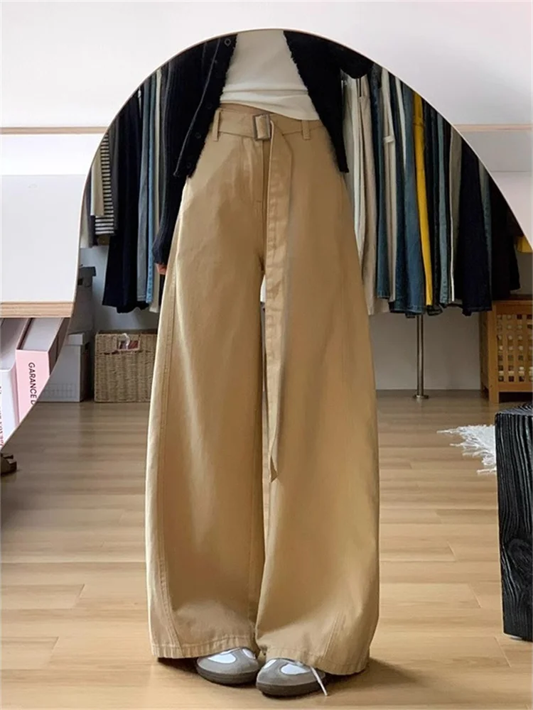 

plus Size American Khaki Wide Leg Jeans Women's High Waist Loose Conceal Slim Straight Long Pants Casual Style Worn Resistant