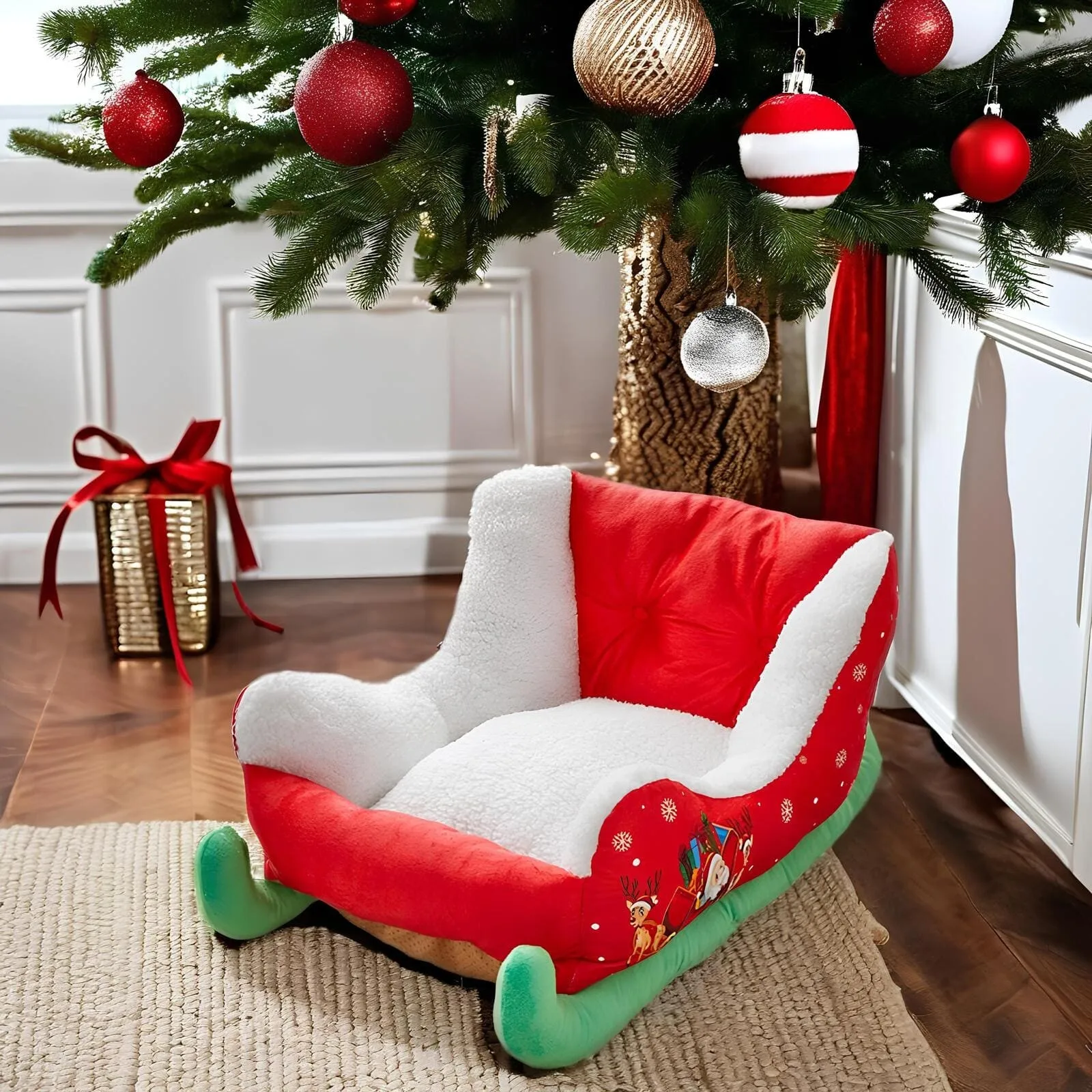 Christmas Sleigh Cat Dog House Winter Warm Cloud Nest Pet Bed Indoor Plush Synthetic Cat Dog Bed Christmas Holiday Pet Bed