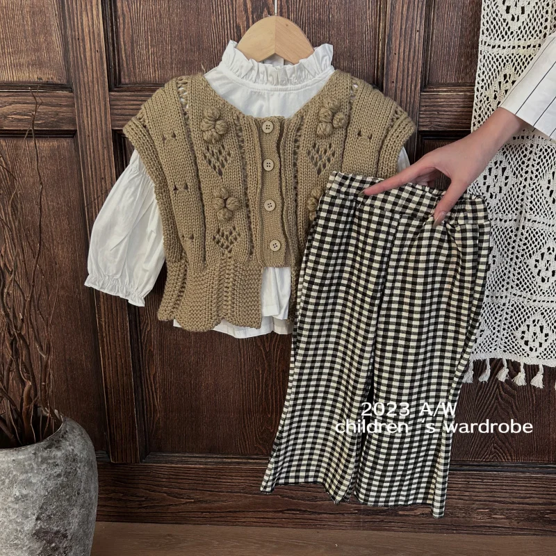 

Children's Clothing New Girls' Autumn Sweater Vest Stand Collar Doll Shirt Plaid Flared Pants Three-Piece Set