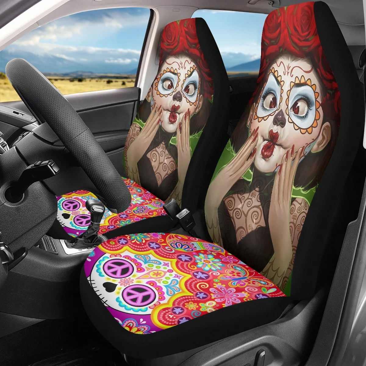 Car Seat Covers for Women Cute Skeleton Gothic Zombie Design Universal Vehicles Front Seat Covers Set of 2Pcs Comfort Fashion