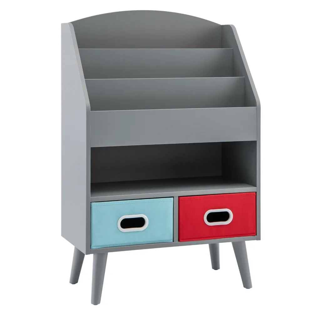 

3-Tier Kids Bookshelf with Open Shelves 2 Fabric Drawers - Sturdy Wooden Bookcase Organizer with -Tip Design, Soft-Close Hinges
