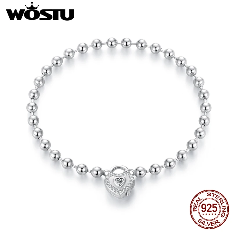 

WOSTU 925 Sterling Silver Heart Lock Charm Bracelet Beaded Basic Chain White Gold Love for Women Lover Fine Jewelry Gift