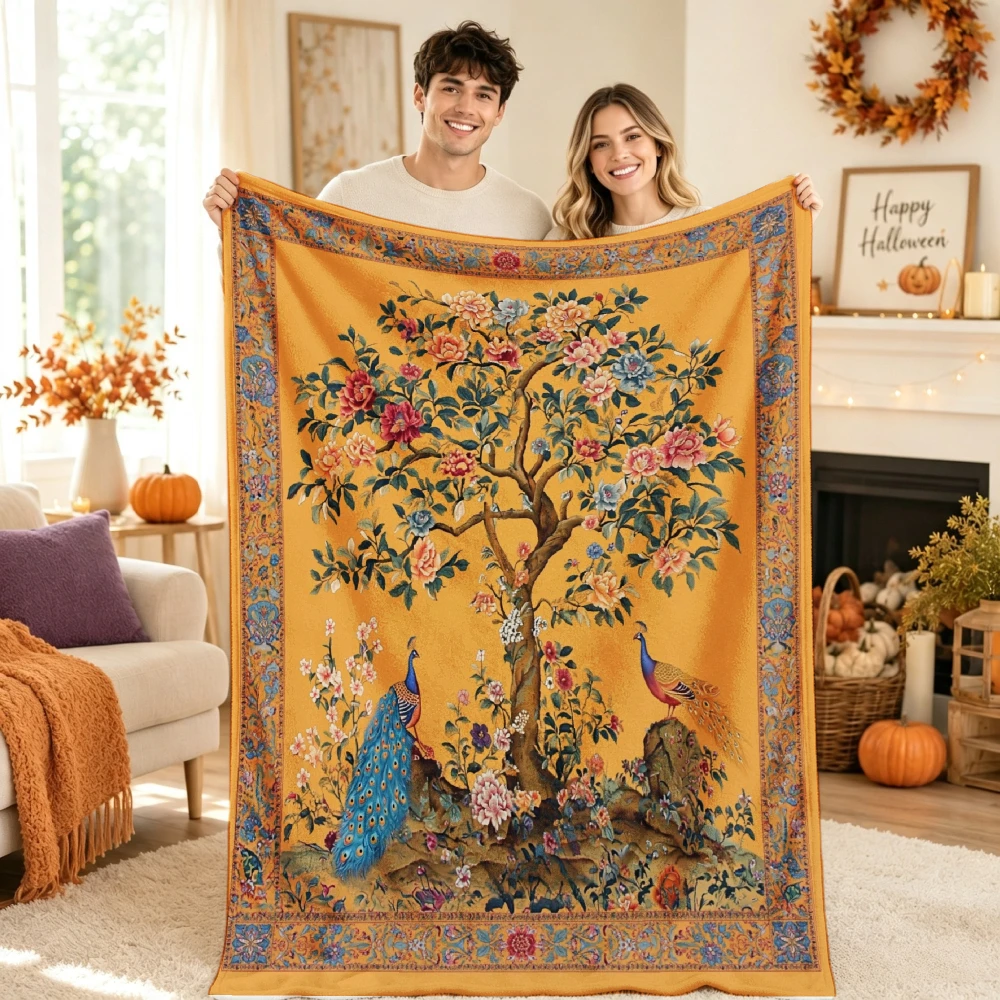 Antique Peacock Tree Flannel Throw Blanket Vintage Floral Garden Pattern Soft Warm Blanket Couch Bed Home Decor Gift Ideas Now
