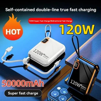 50000mah Portable Power Bank PD120W High Capacity Built in Thin Cables Two-way Fast Charger Mini Powerbank for iPhone Xiaomi