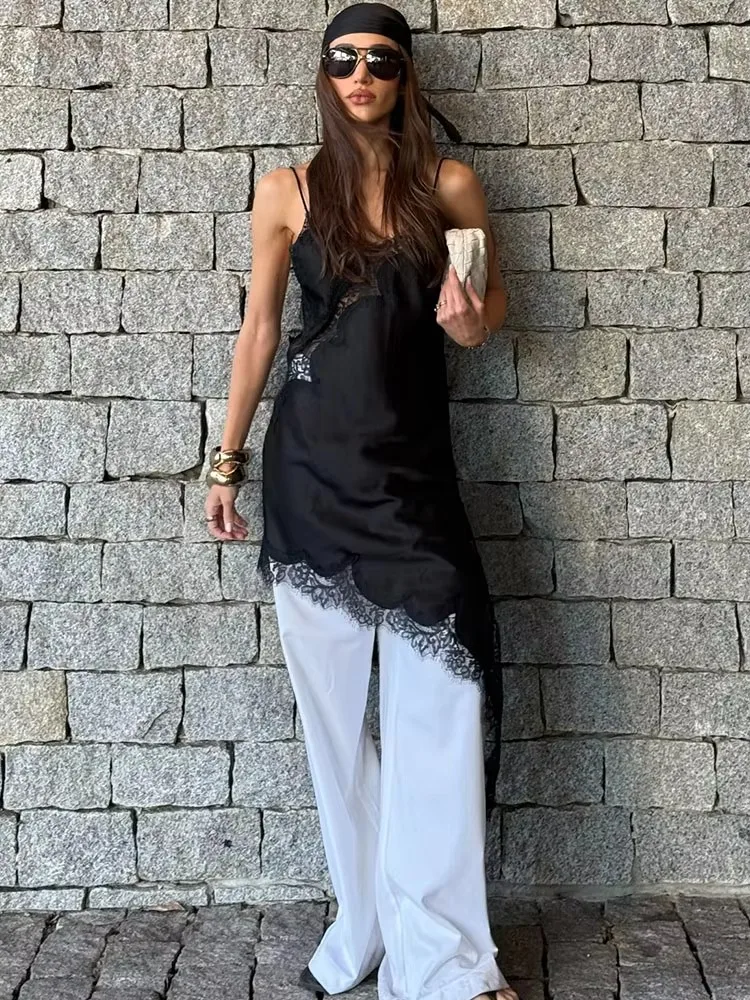 Elegancka sukienka mini na ramiączkach spaghetti z koronką, seksowna sukienka bez pleców, bez rękawów, asymetryczny dół, sukienka na wakacje, plażowa sukienka, vestido.