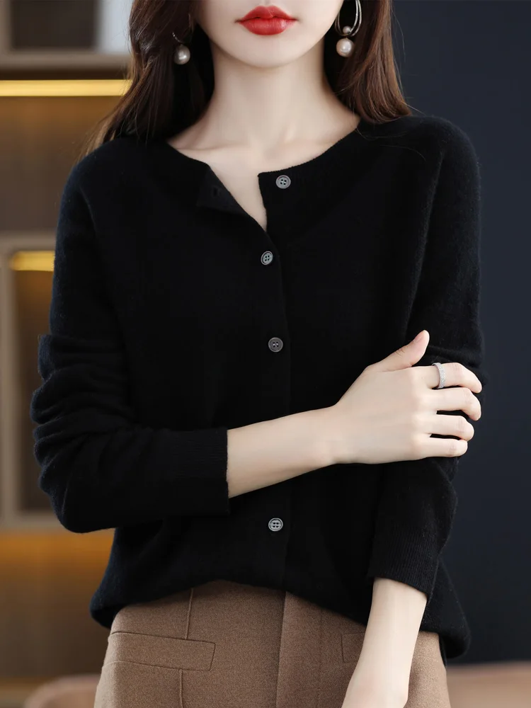 Fashion Spring Autumn 100% Merino Wool Sweater Women O-Neck Cashmere Cardigan Long Sleeve Knitwear Basic Female Clothing Tops