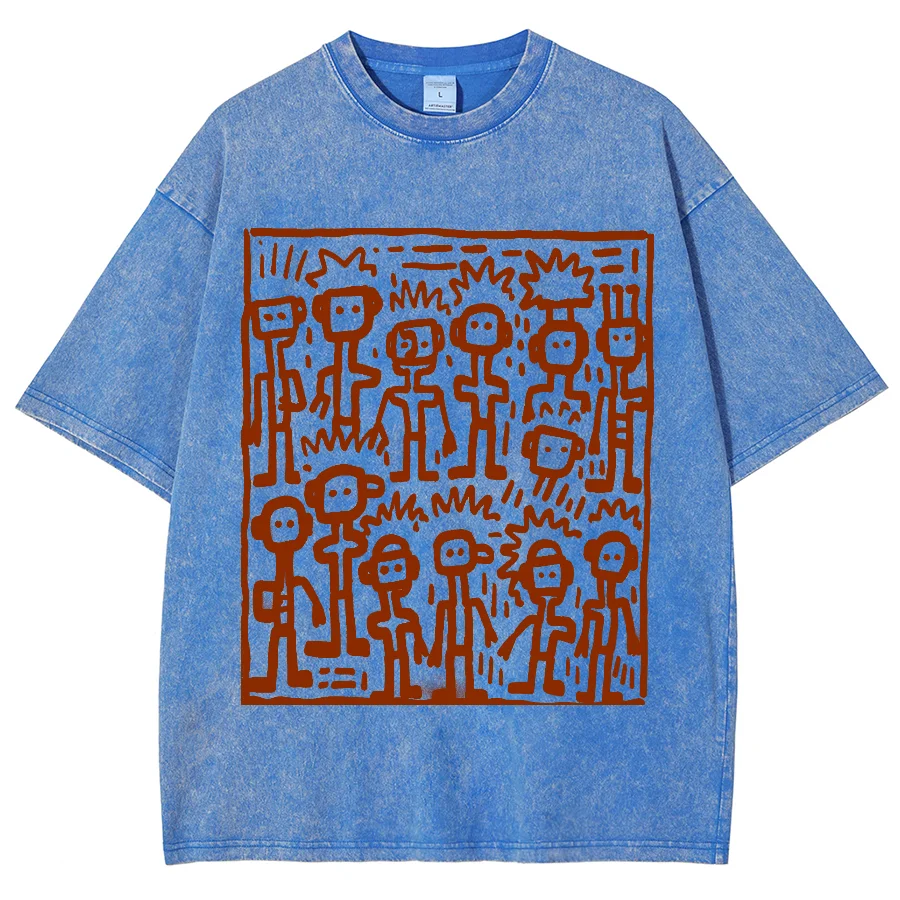 Simple Line Hand-Painted Robot Printed T-Shirt 2024 Trend Designer New Short-Sleeved Neutral Style Shoulder Tee