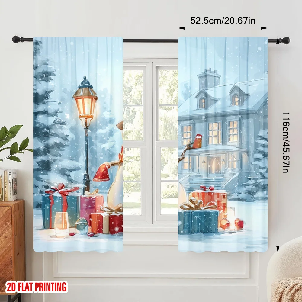 2pcs,2D plane printing Pattern Curtains Charming Winter Wonderland Versatile Durable Polyester (without rod) Decorations For