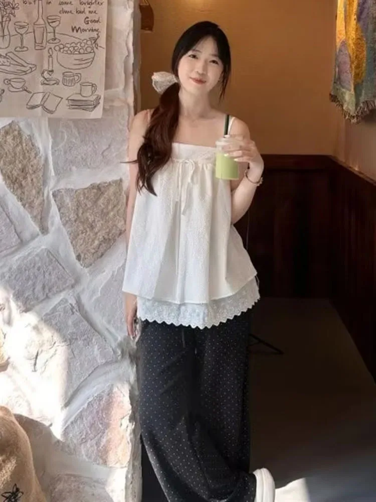Women White Lace Camisole Square Neck Empire Waist Bandage Tops Tie Front Ribbon Korean Style Mori Girl Fairycore 2026