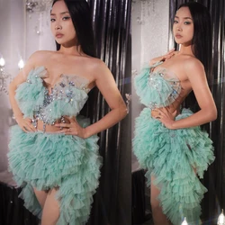 Sexy Pole Dance Mesh Sleeves Party Dress Women Celebrate Evening Dress Gogo Costume Bar Rave Outfit Dj Ds Festival Wear XS5980