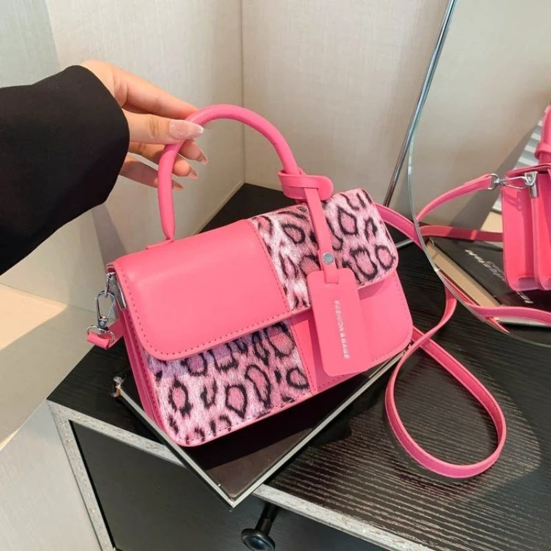 

Leopard Print Handbag Ladies Featuring Patchwork Hand-held Small Square Bag Exudes Sense Luxury Lightweight Trendy Crossbody Bag