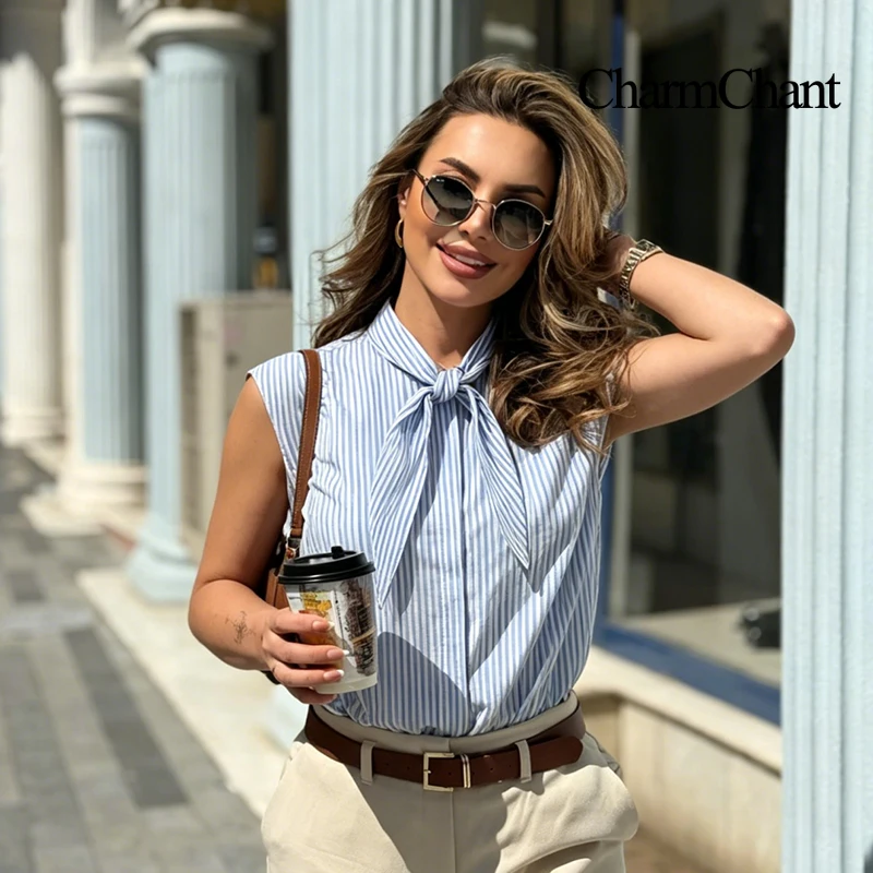 CHARMCHANT Women's Blue Sleeveless 100% Cotton Shirt with Bow Tie Neck Elegant Flattering Office Work Blouse Spring Summer 2026