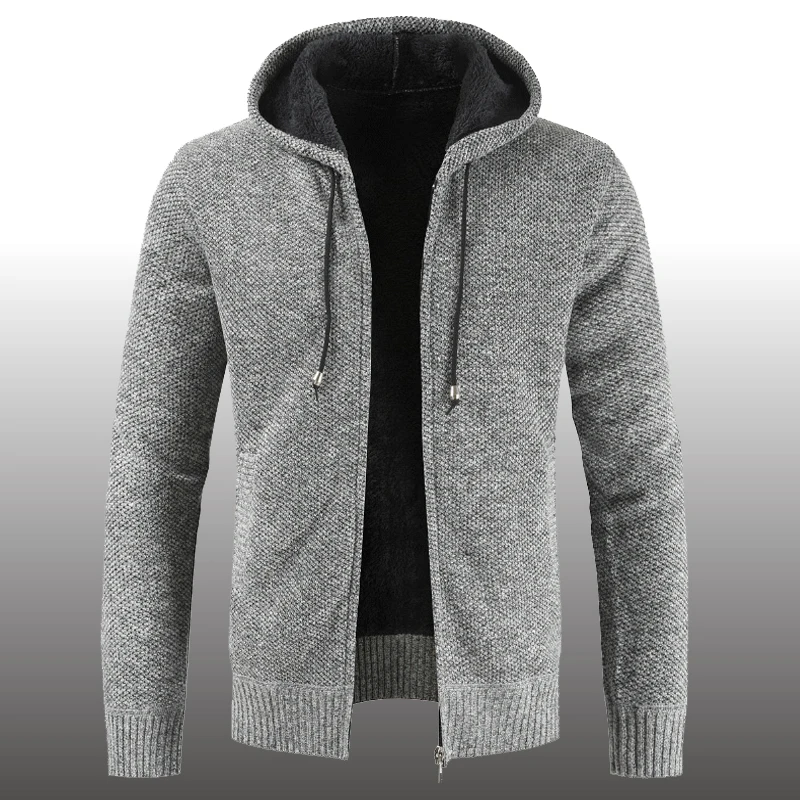 

Men's Winter Warm Cardigan Zipper Sweater Autumn Solid Casual Plush Thick Jacket Sweater Male Clothing Hooded Outwear Coats