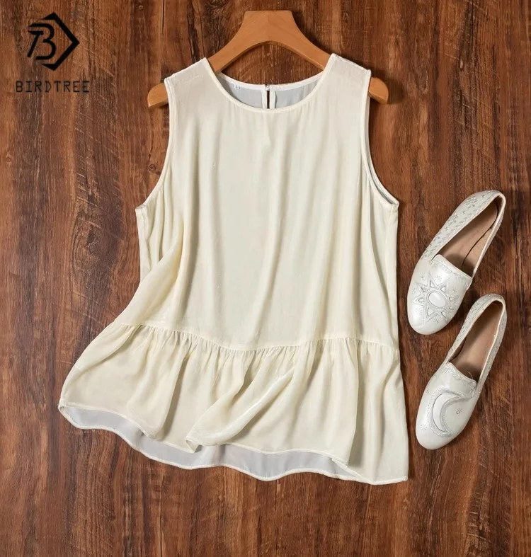 

BirdTree,100% Real Silk Velvet Retro White Vest,Woman O-neck Sleeveless Soft Shirt,2025 Autmn New Solid Loose Tops T59046JF