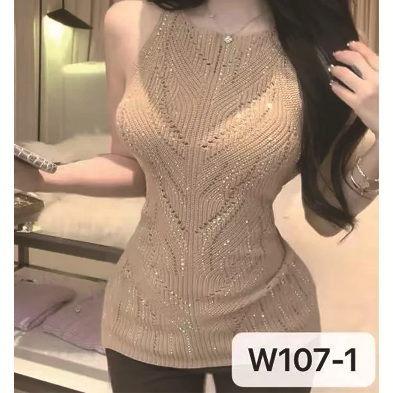 Women's Hollow out Knitted Vest Diamond Embellished Slim Fit Sleeveless Top High End Sensation Autumn Wear Outerwear