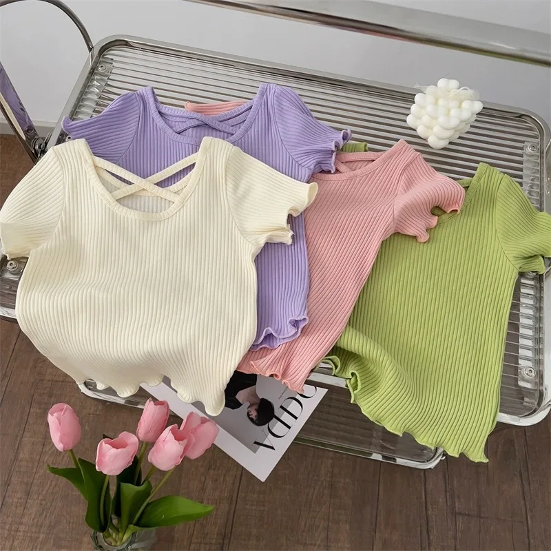 Koreanische Sommer Kinder Babys Mädchen T-shirts Baumwolle Candy Farbe Kleinkind Mädchen Tops Koreanische Rüschen Kurzarm T-shirts Für 1-8T Mädchen