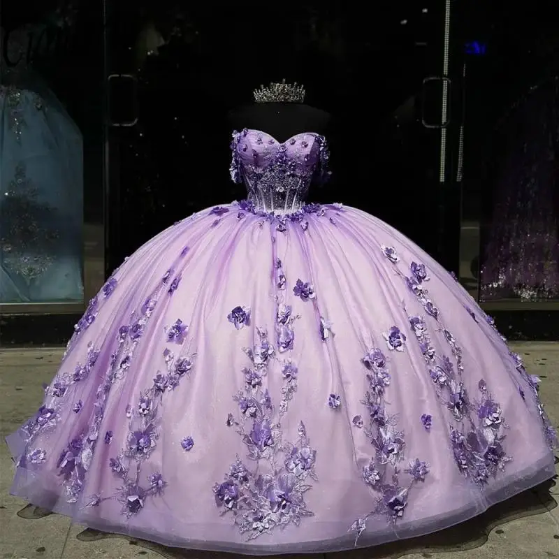 

Lilac Illusion Beading Crystal Ball Gown Quinceanera Dresses 3D Flowers Appliques Lace Sweet 16 Vestido De 15 Anos