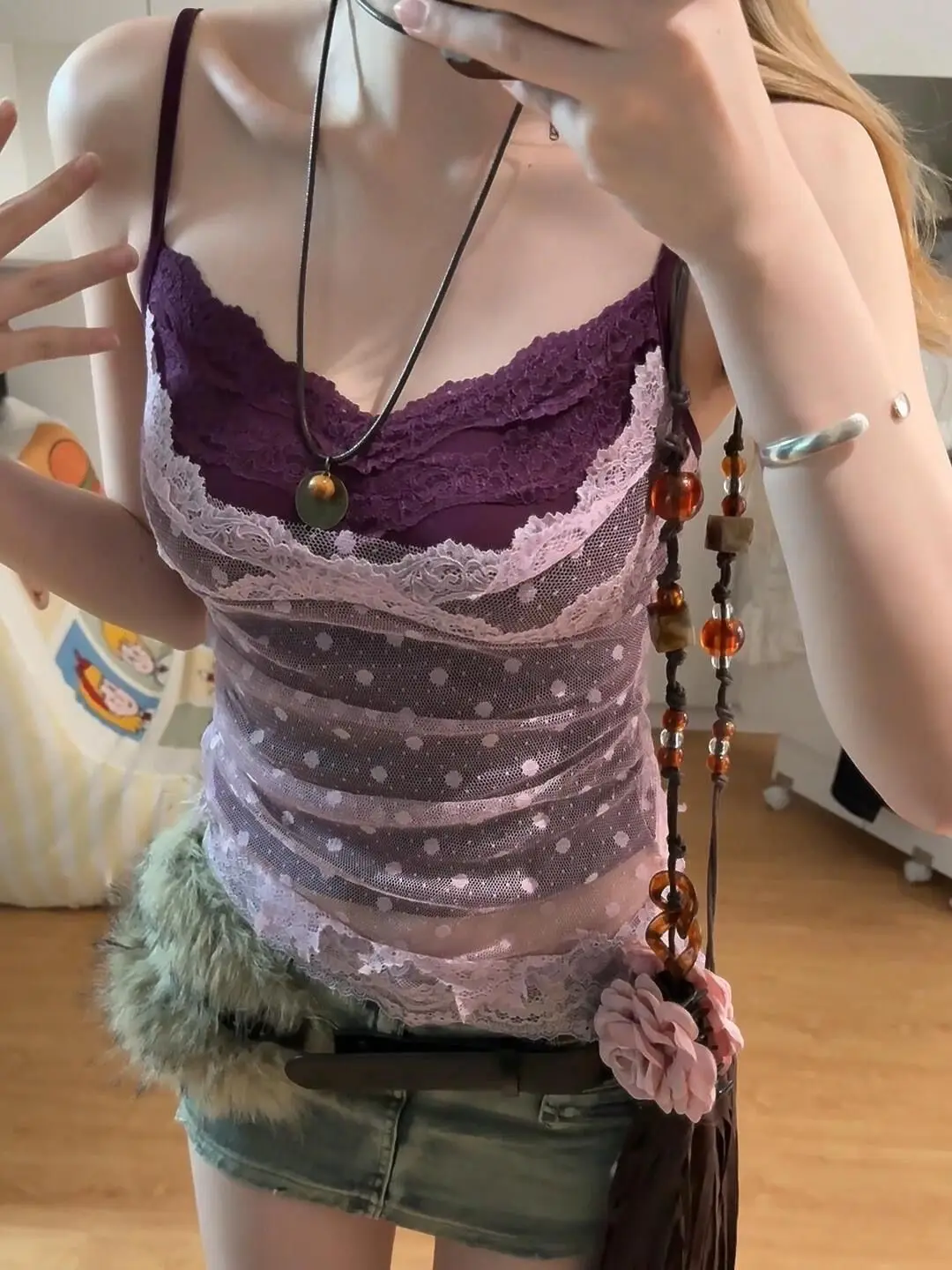 Top Senza Maniche Onalippa Viola con Pizzo a Pois, Nuovo Modello Snellente con Imbottitura al Petto, da Indossare Esternamente, Puro Desiderio