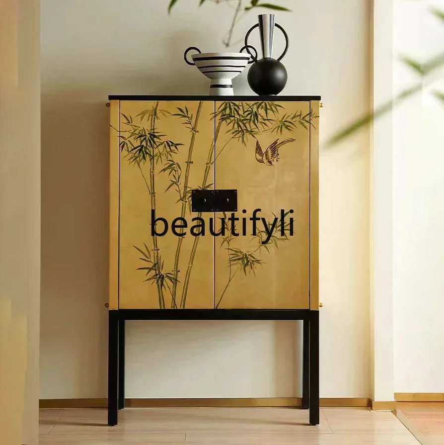 

D25 solid porch cabinet French retro living room corridor vertical cabinet light luxury gold foil collection side cabinet