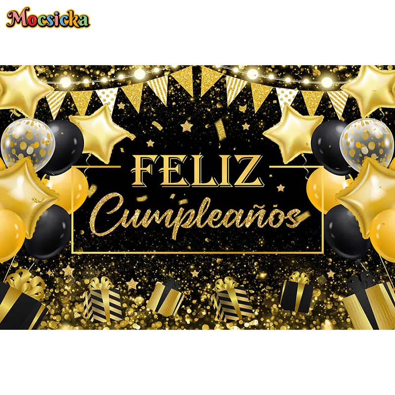 Feliz Cumpleaños Backdrop Gold Glitter Shining Dots Balloon Aldult Happy birthday Party Background Decoration Banner Photo Booth