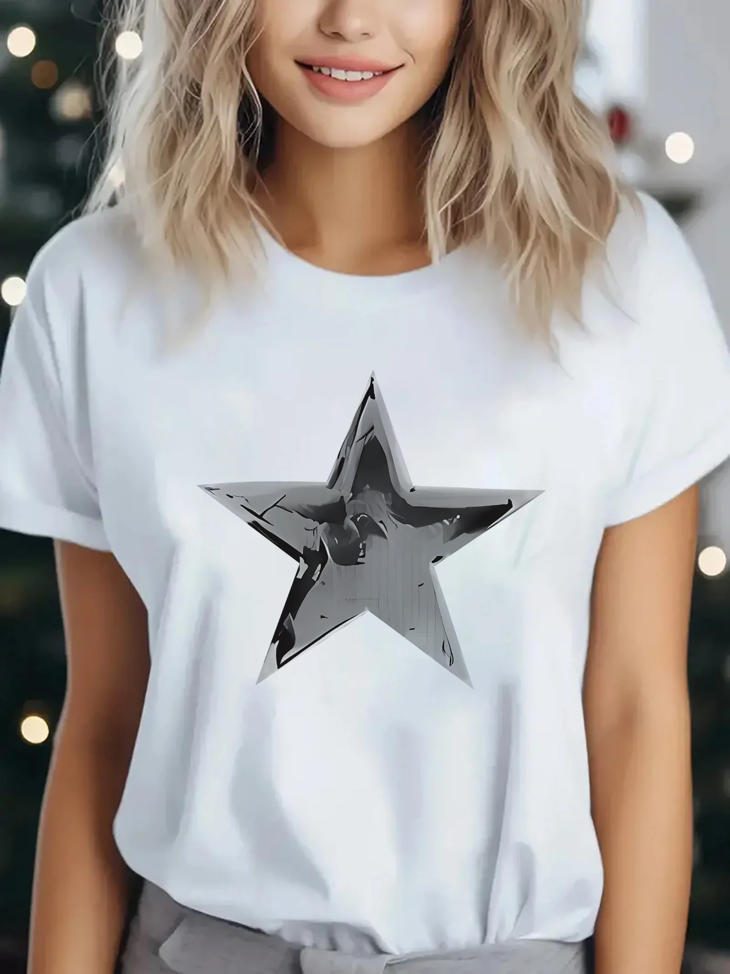 Women's Casual Short Sleeve T-Shirt with Vector Star Print Fabric Fit Round Neck for Attire Outdoor Activities Aesthetic Clothes