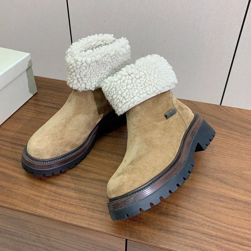 Snow Boots Round Toe Cow Suede Thick Bottom Ankle Botas Women's Winter String Bead Decor Wool Lining Keep Warm Short Boots