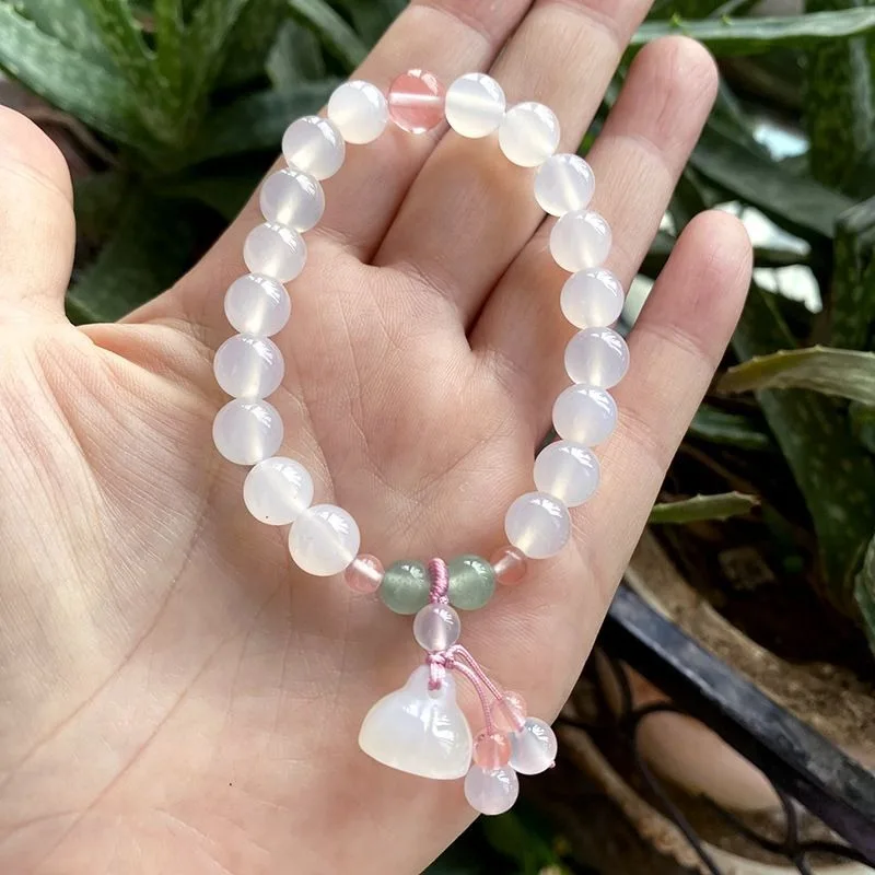 Natural Lychee Frozen Chalcedony Lotus Pod Bracelet, White Agate Round Bead Women's Versatile Bracelet.