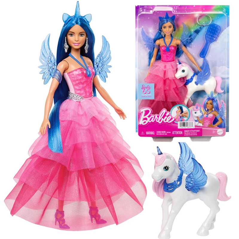 Original Barbie 65 aniversario unicornio 1/6 muñeca pelo azul falda rosa vestido peine accesorios juguetes para niñas alas de hadas con mascota