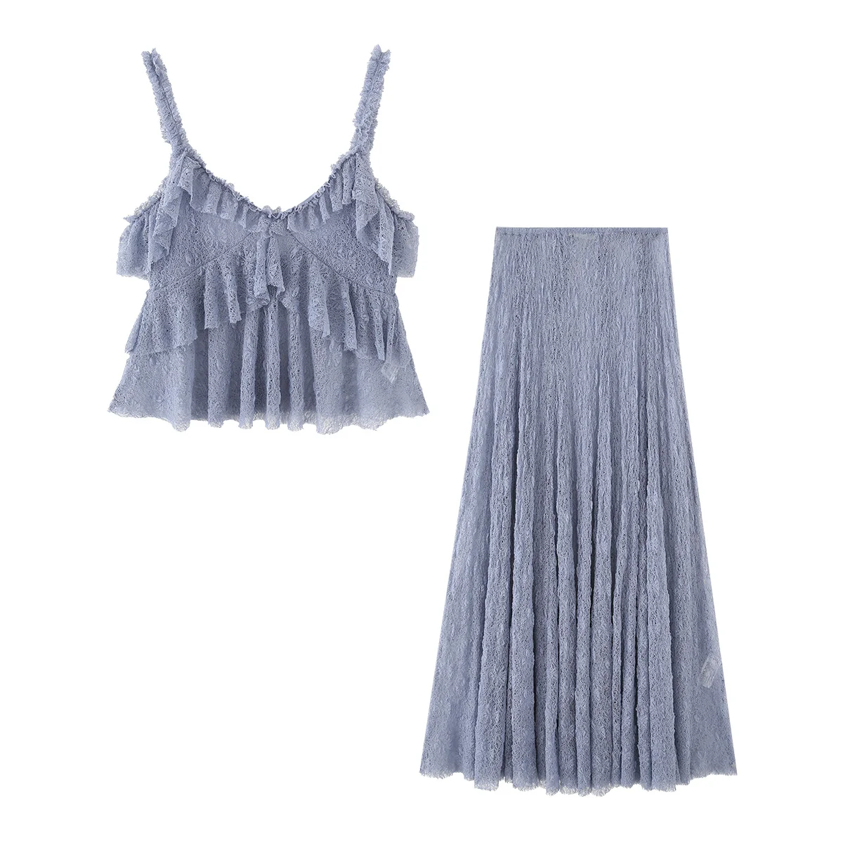 

PB&ZA2025 Summer New Product Women's Vacation Style Lace High Waist Fashion Design Long Skirt Stacked Decoration Strap Vest Set