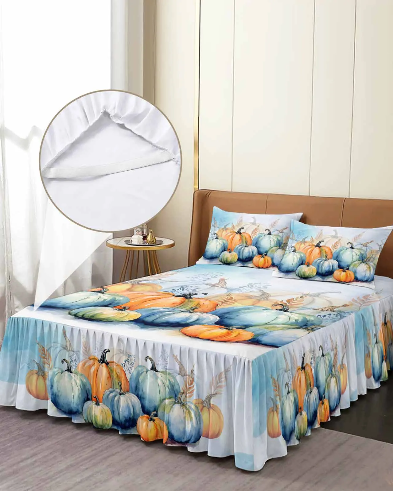 

Autumn Thanksgiving Plant Leaves Pumpkin Skirt Elastic Fitted Bedspread With Pillowcases Mattress Cover Bedding Set Bed Sheet