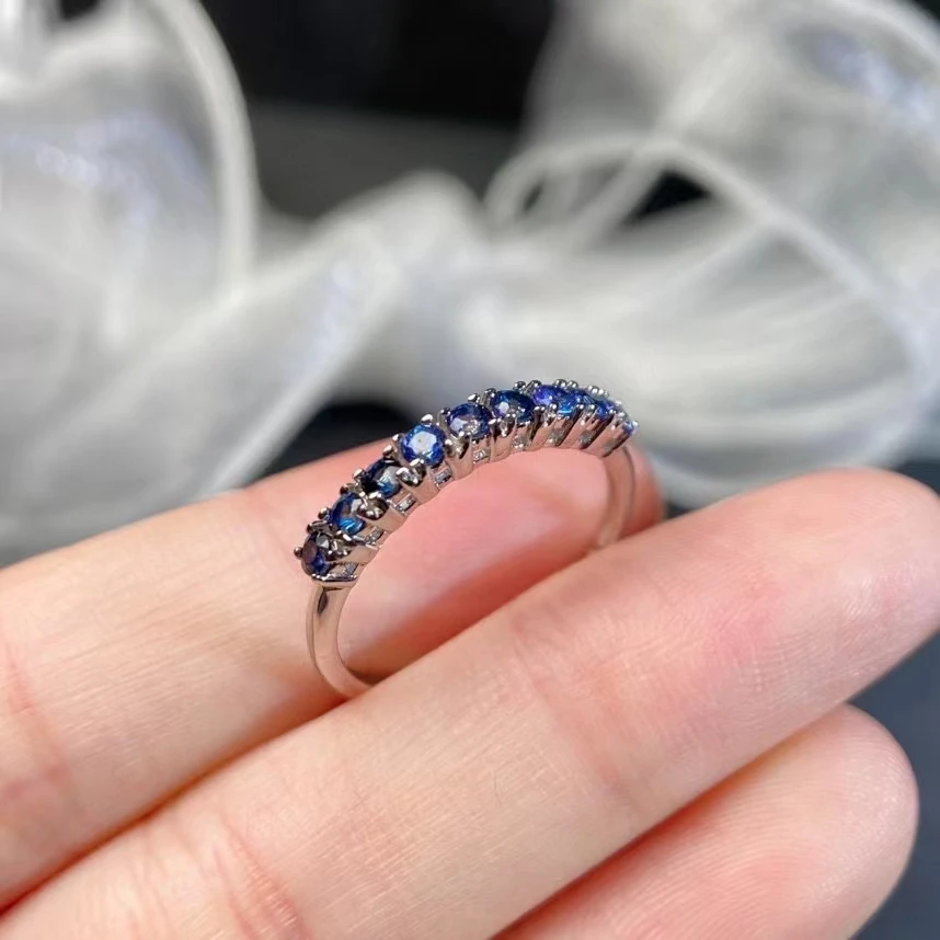 Classic Half Eternity Sapphire Ring 925 Silver 9 Pieces 2mm Total 0.5ct Natural Sapphire Silver Ring for Daily Wear