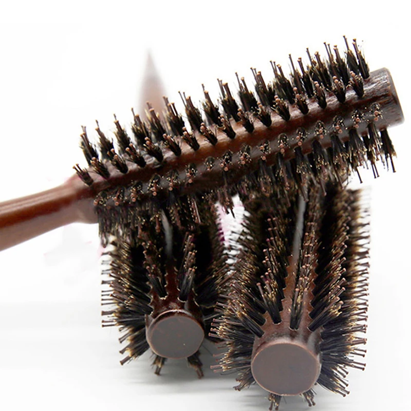 (Ce14)Anti Static Wood Boar Bristle Hair Round Brush Hairdresser Styling Tools Teasing Brush For Hair Curly Comb Hair Brush