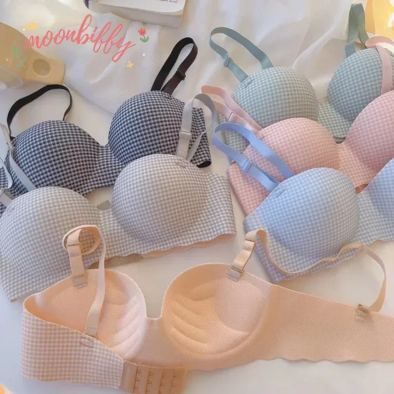 Women Ice Bra One Cup Thick Comfortable Without Steel Ring Lingerie Sexy Push Up Bralette Underwear Fashion Plaids Pattern Bra