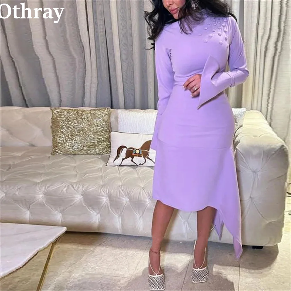 

Othray Lilac Dubai Women Evening Dresses High Neck Long Sleeves Asymmetrical Skirt Wedding Party Prom Gowns Vestido De Noche