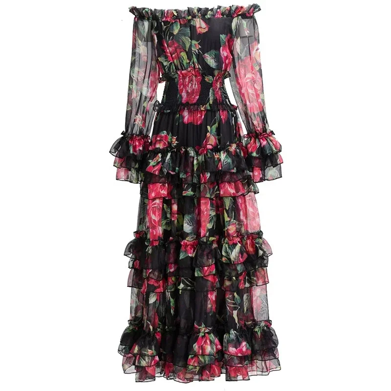 

2023 New Fashion Designer Autumn Women's Bohemian Vacation Vintage Flower Print Cascading Ruffle Elegant Dresses