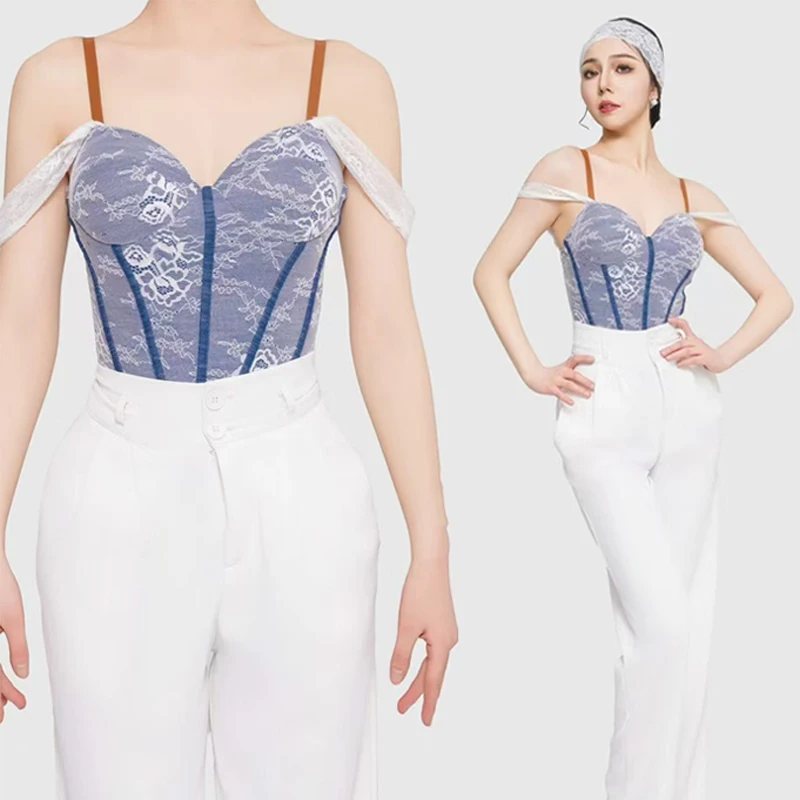 

Fashion Women'S Waist-up Ballroom Dance Top Adults Samba Rumba Latin Dance Tops Sleeveless Lace Latin Dance Bodysuit SL12941