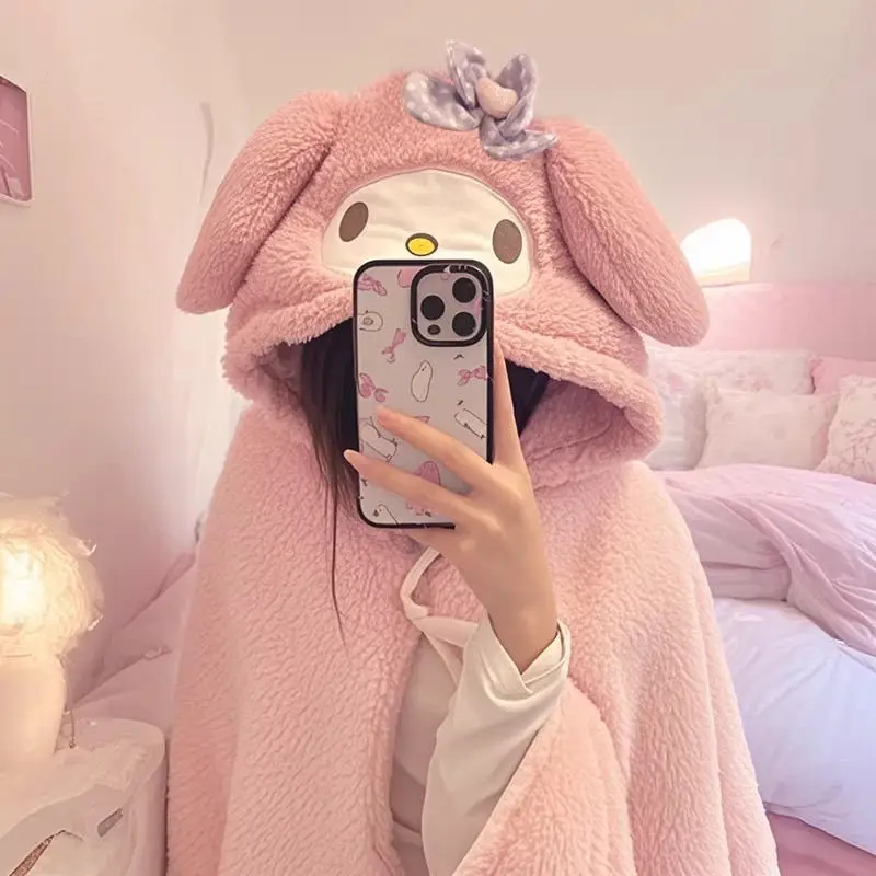 

Милое одеяло с капюшоном MY Melody, одеяло Sanrio Kuromi Cinnamoroll, осенне-зимнее теплое покрытие, плащ, одеяло с кондиционером