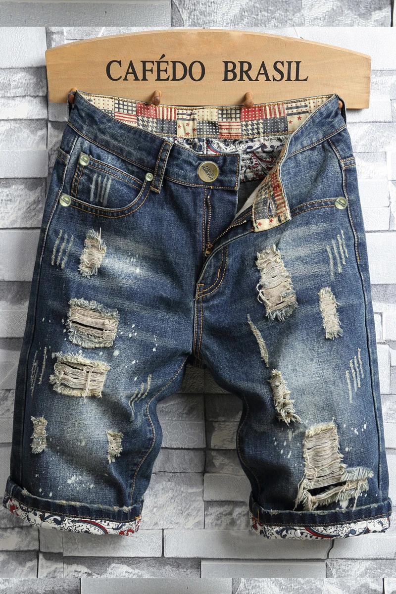 

Men's Casual Spring/Summer Denim Shorts - Distressed Denim Shorts with Frayed Edges and Patchwork Details, Fashionable Street Style