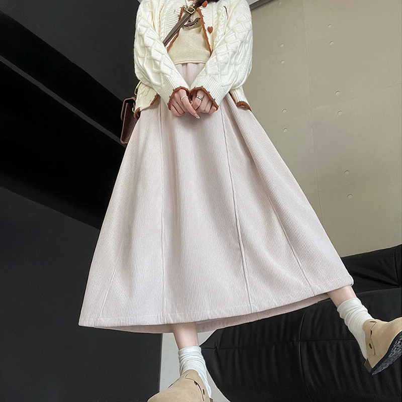 2025 Vintage Cord Lange Röcke Frau Elastische Taille Harajuku Große Schaukel Midi Rock Herbst Winter Koreanische Beliebte frauen Kleidung