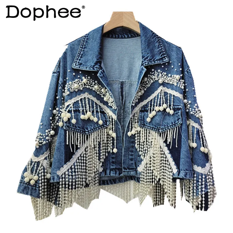 Korean Heavy Pearl Tassel Loose All-Match Personalized Short Denim Jacket Women Jean Jacket Outerwear 2022 Spring New Clothes